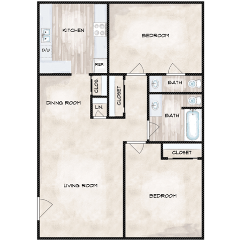 Floor plan for 2 beds, 1 bath, 850 sqft